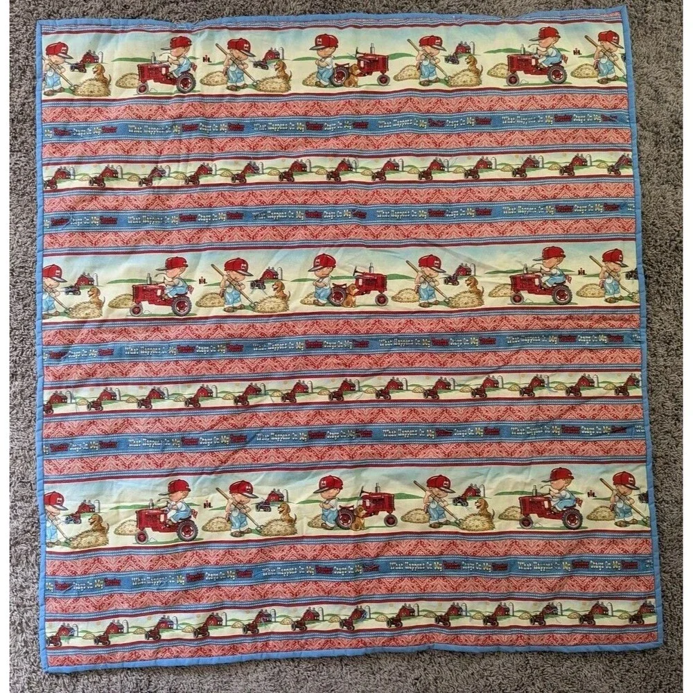 Handmade Farmall Tractor Farm Boy Fabric Quilt Blanket What Happens On My Red IH